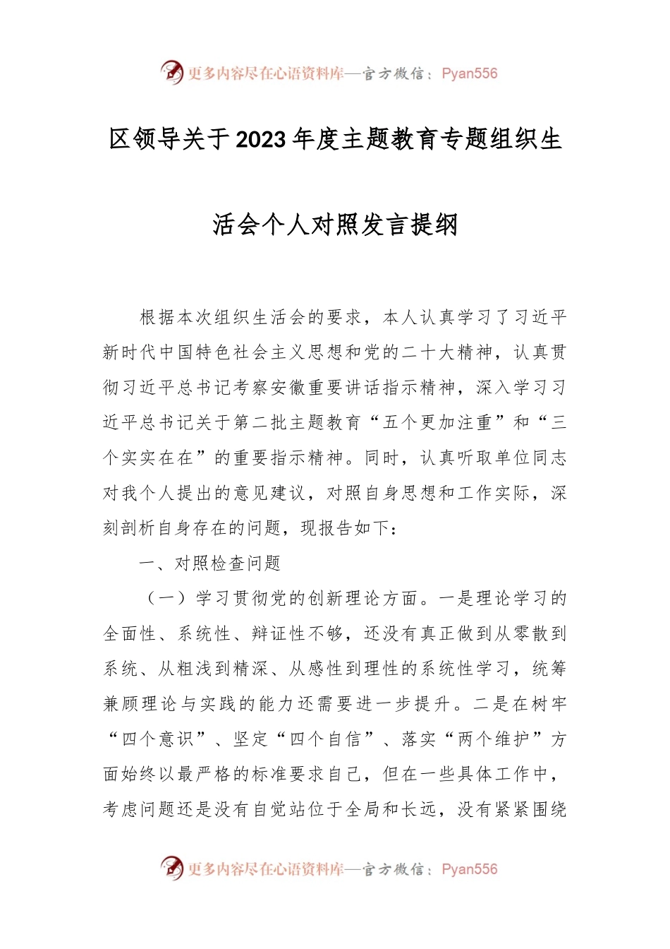 区领导关于2023年度主题教育专题组织生活会个人对照发言稿提纲.docx_第1页