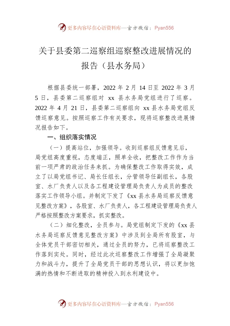 关于县委第二巡察组巡察整改进展情况的报告（县水务局）.docx_第1页