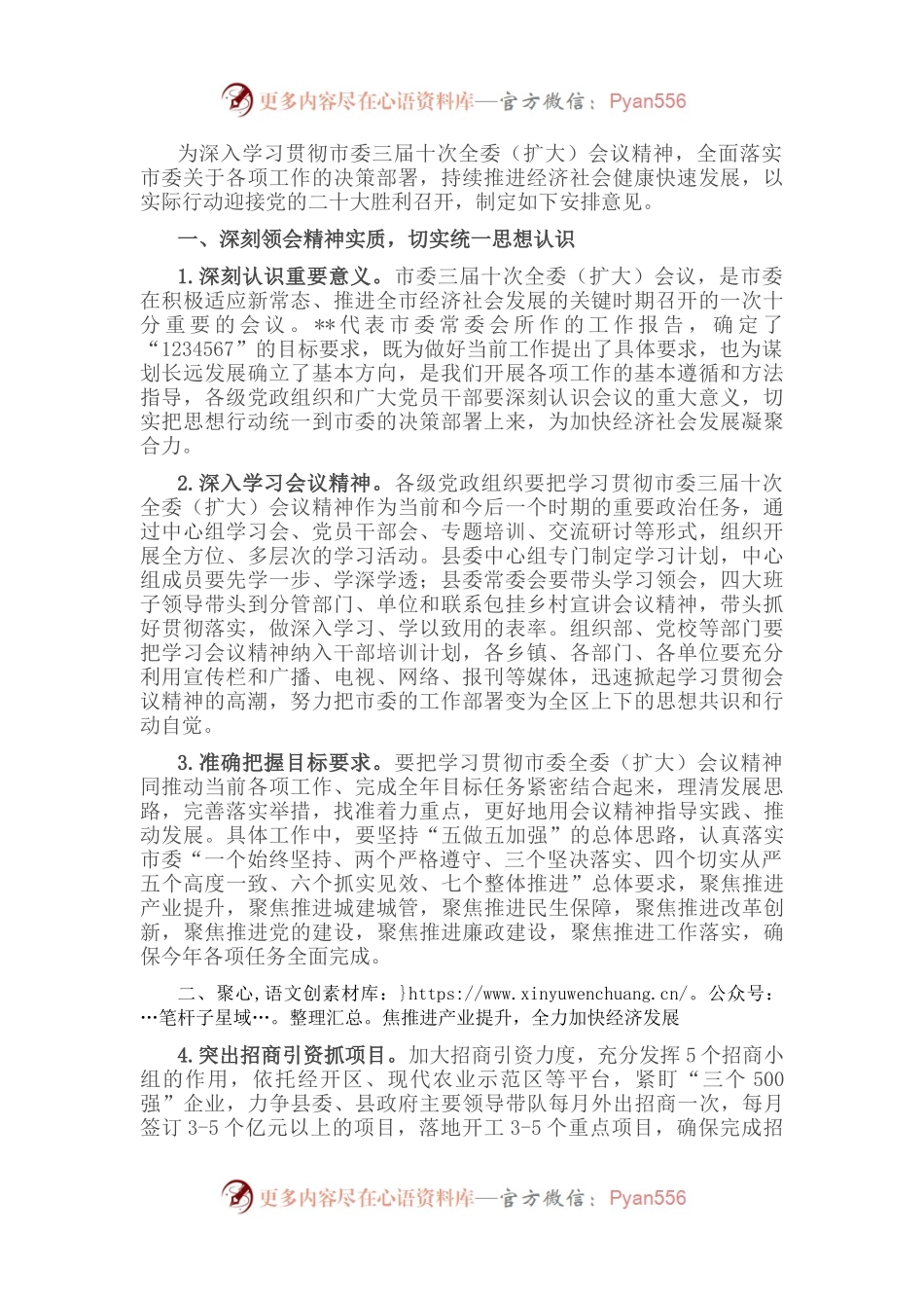 关于贯彻落实市委三届十次全委扩大会议精神的安排意见.docx_第1页