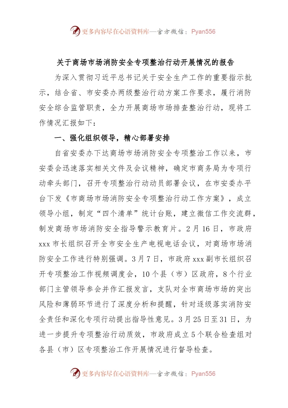 关于商场市场消防安全专项整治行动开展情况的报告.docx_第1页