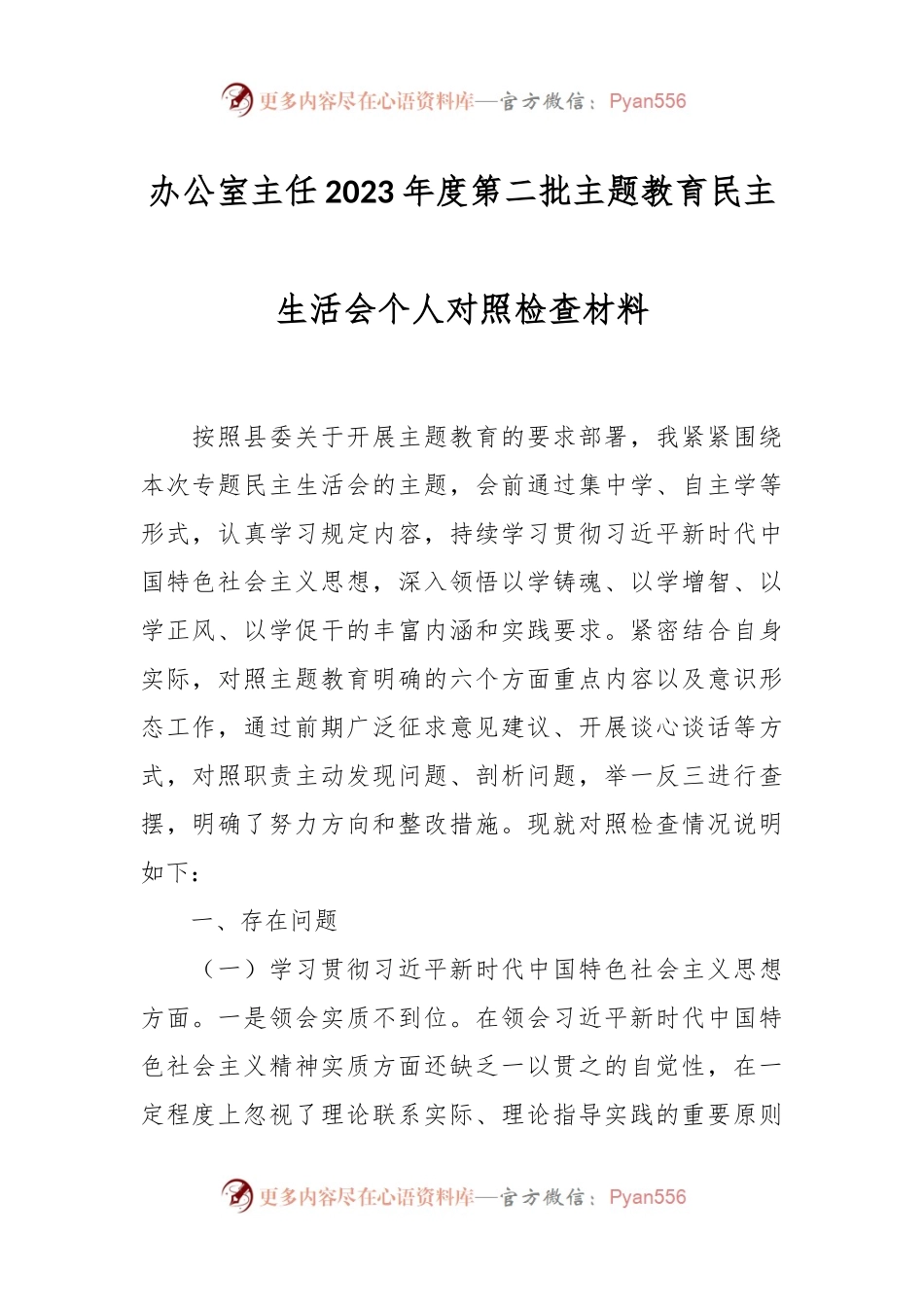 办公室主任2023年度第二批主题教育民主生活会个人对照检查材料.docx_第1页