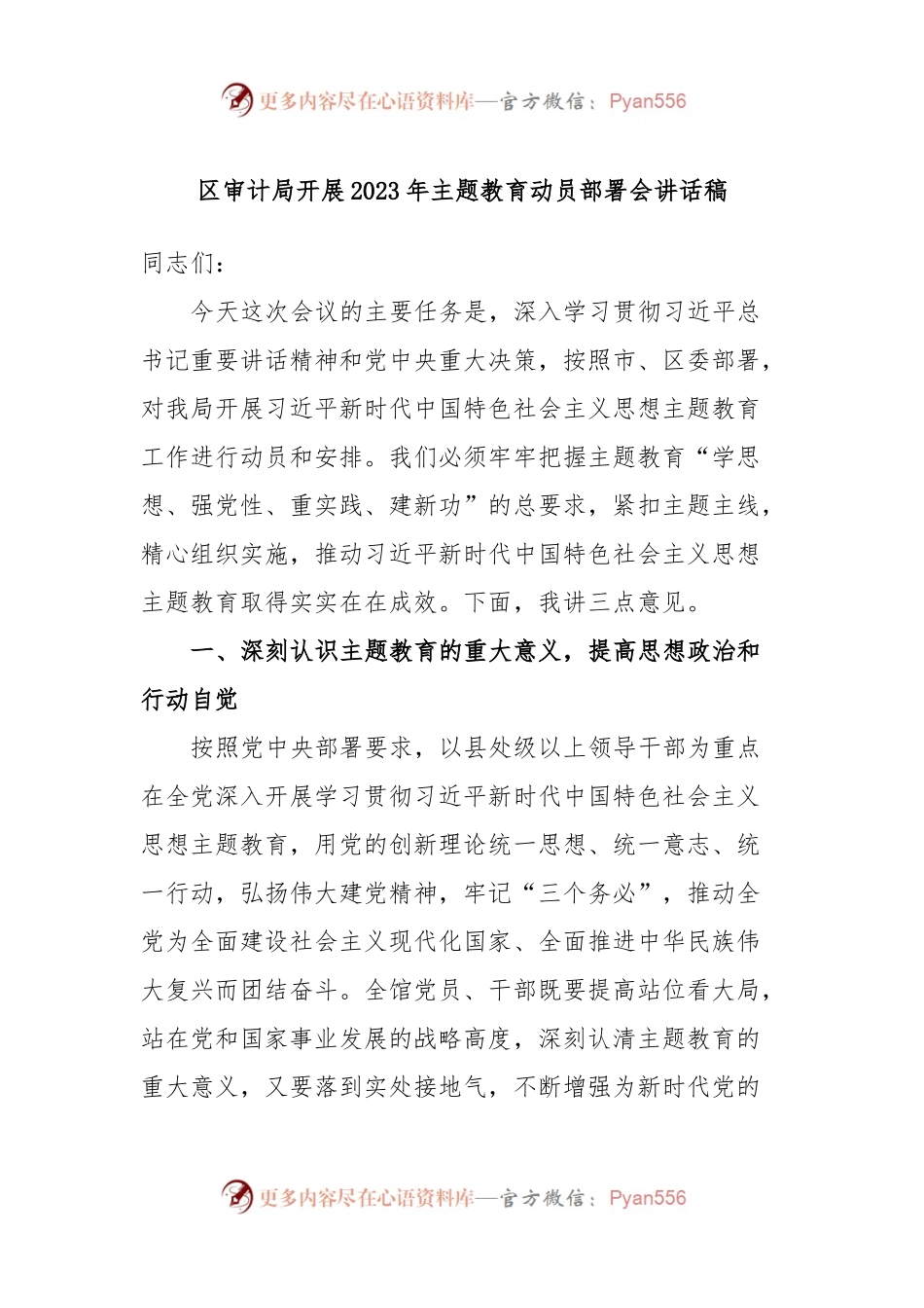 区审计局开展2023年主题教育动员部署会讲话稿.docx_第1页