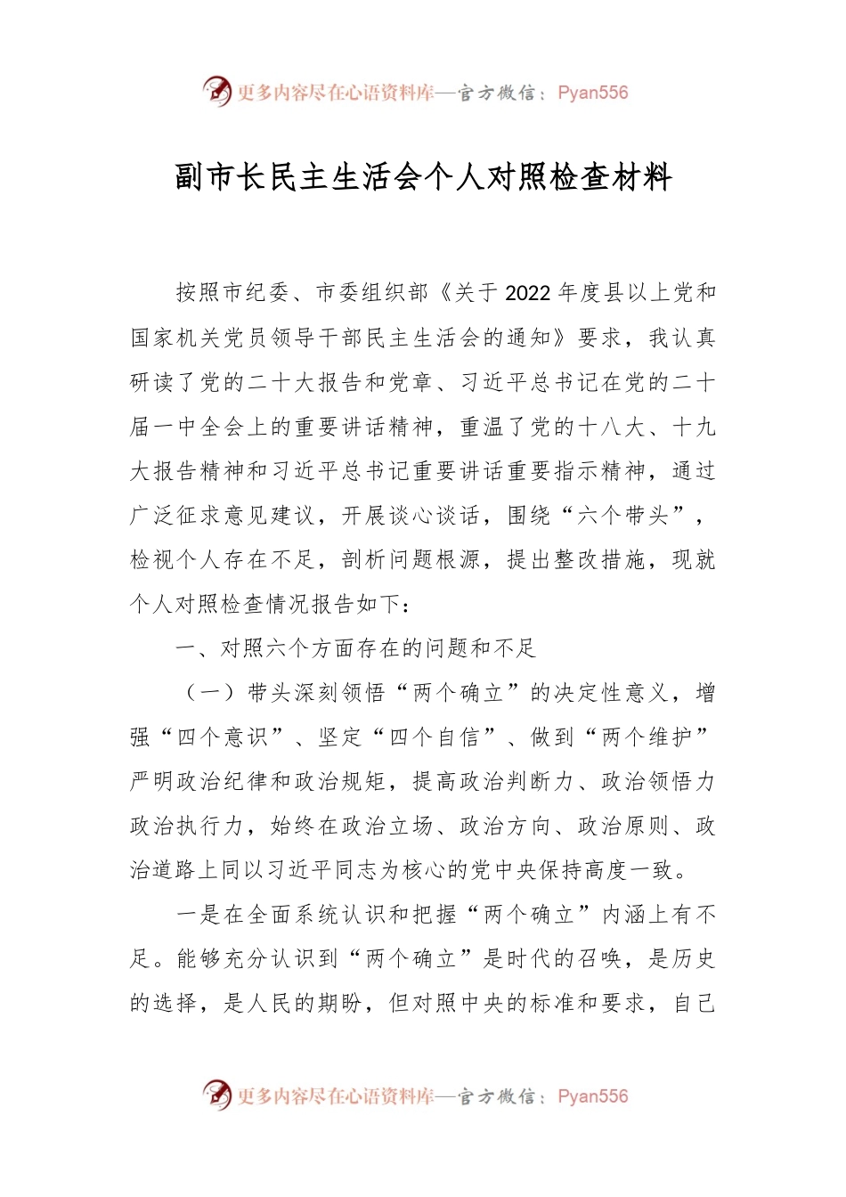 副市长民主生活会个人对照检查材料.docx_第1页