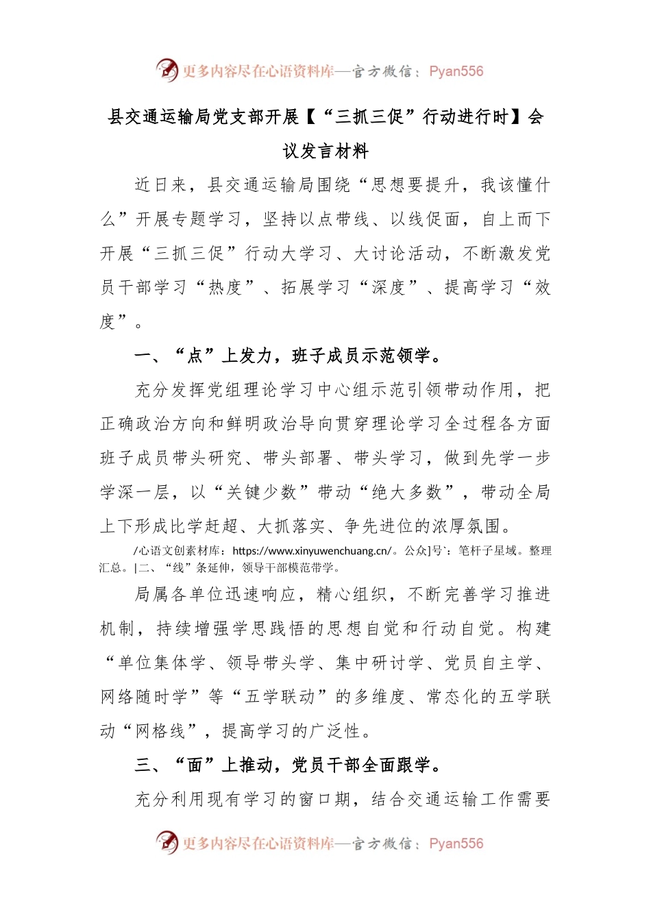 县交通运输局党支部开展【“三抓三促”行动进行时】会议发言材料.docx_第1页