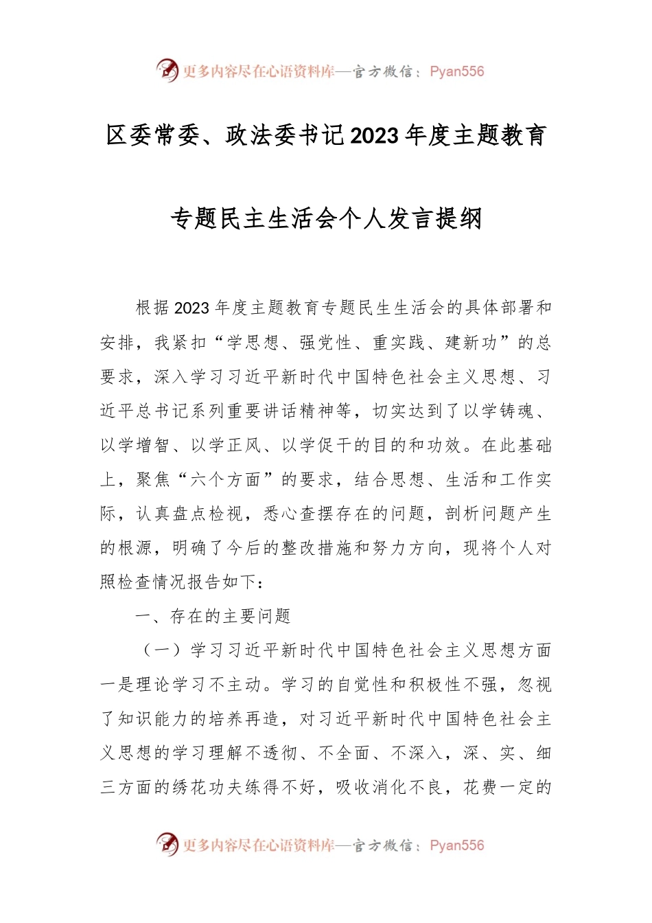区委常委、政法委书记2023年度主题教育专题民主生活会个人发言稿提纲.docx_第1页