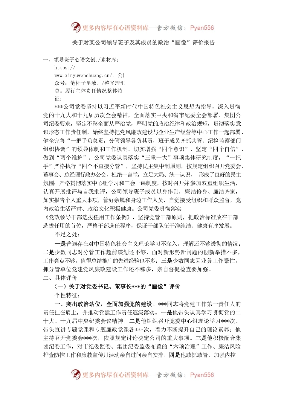 关于对某公司领导班子及其成员的“画像”评价报告.docx_第1页