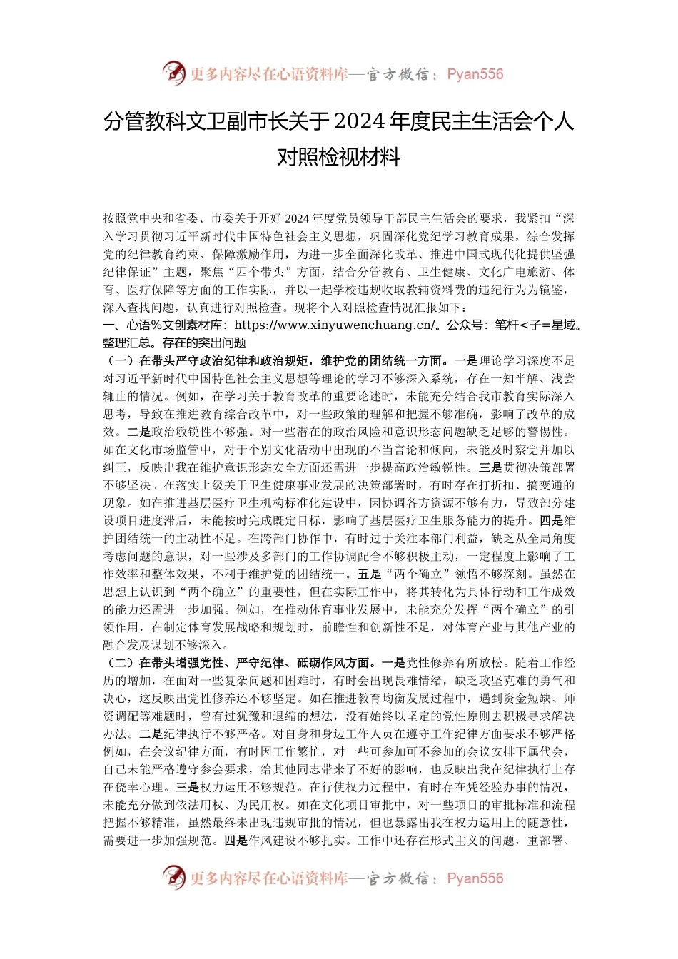 分管教科文卫副市长关于2024年度民主生活会个人对照检视材料.docx_第1页