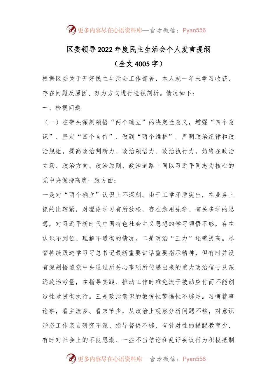 区委领导2022年度民主生活会个人发言提纲（全文4005字）.docx_第1页