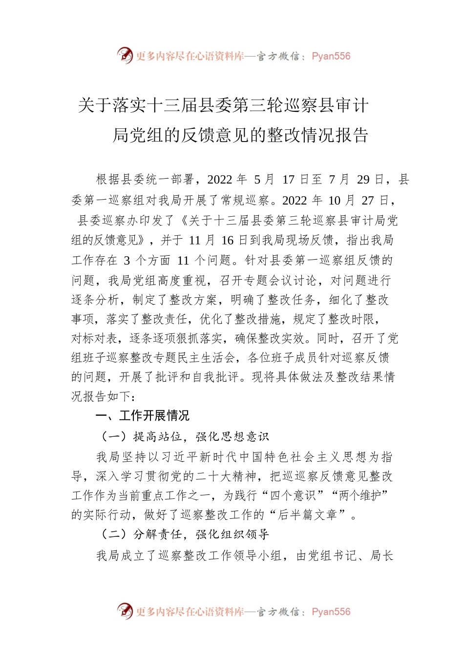 关于落实十三届县委第三轮巡察县审计局党组的反馈意见的整改情况报告（20230509）.docx_第1页
