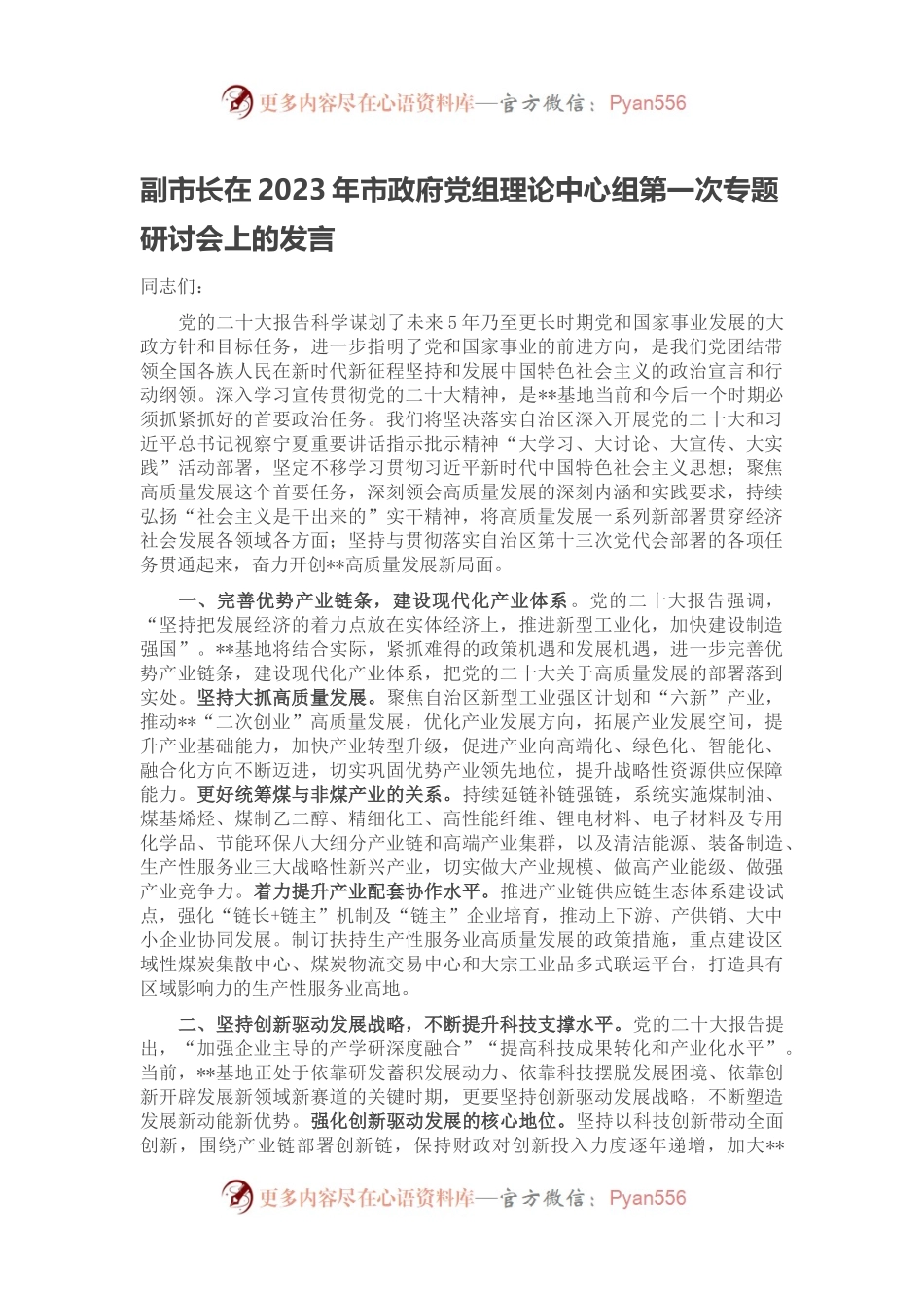 副市长在2023年市政府党组理论中心组第一次专题研讨会上的发言.docx_第1页