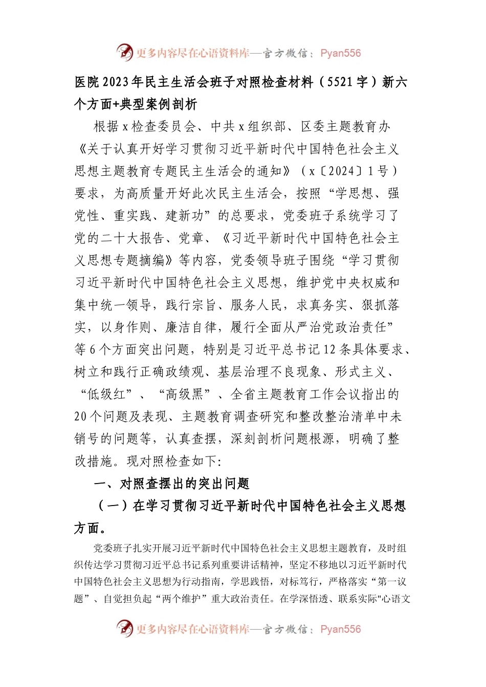医院2023年民主生活会班子对照检查材料（践行宗旨等6个方面+典型案例剖析）.docx_第1页
