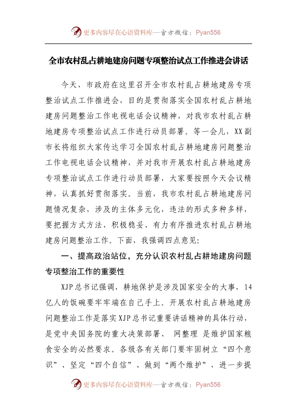 农村乱占耕地建房问题专项整治试点工作推进会讲话.docx_第1页
