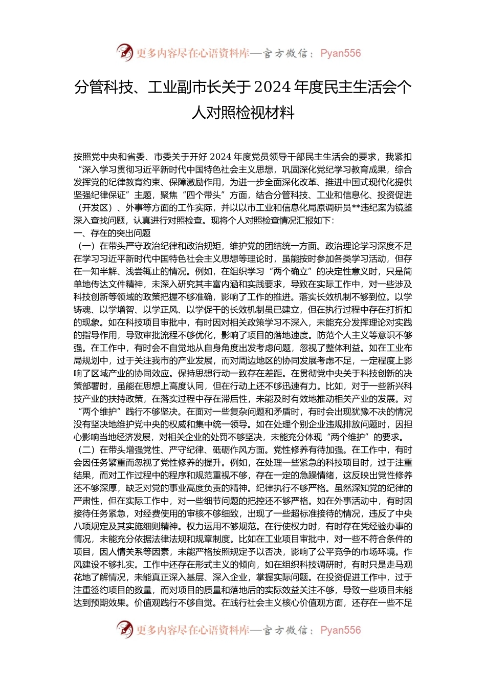 分管科技、工业副市长关于2024年度民主生活会个人对照检视材料.docx_第1页