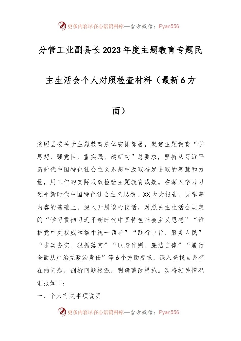 分管工业副县长2023年度主题教育专题民主生活会个人对照检查材料（最新6方面）.docx_第1页
