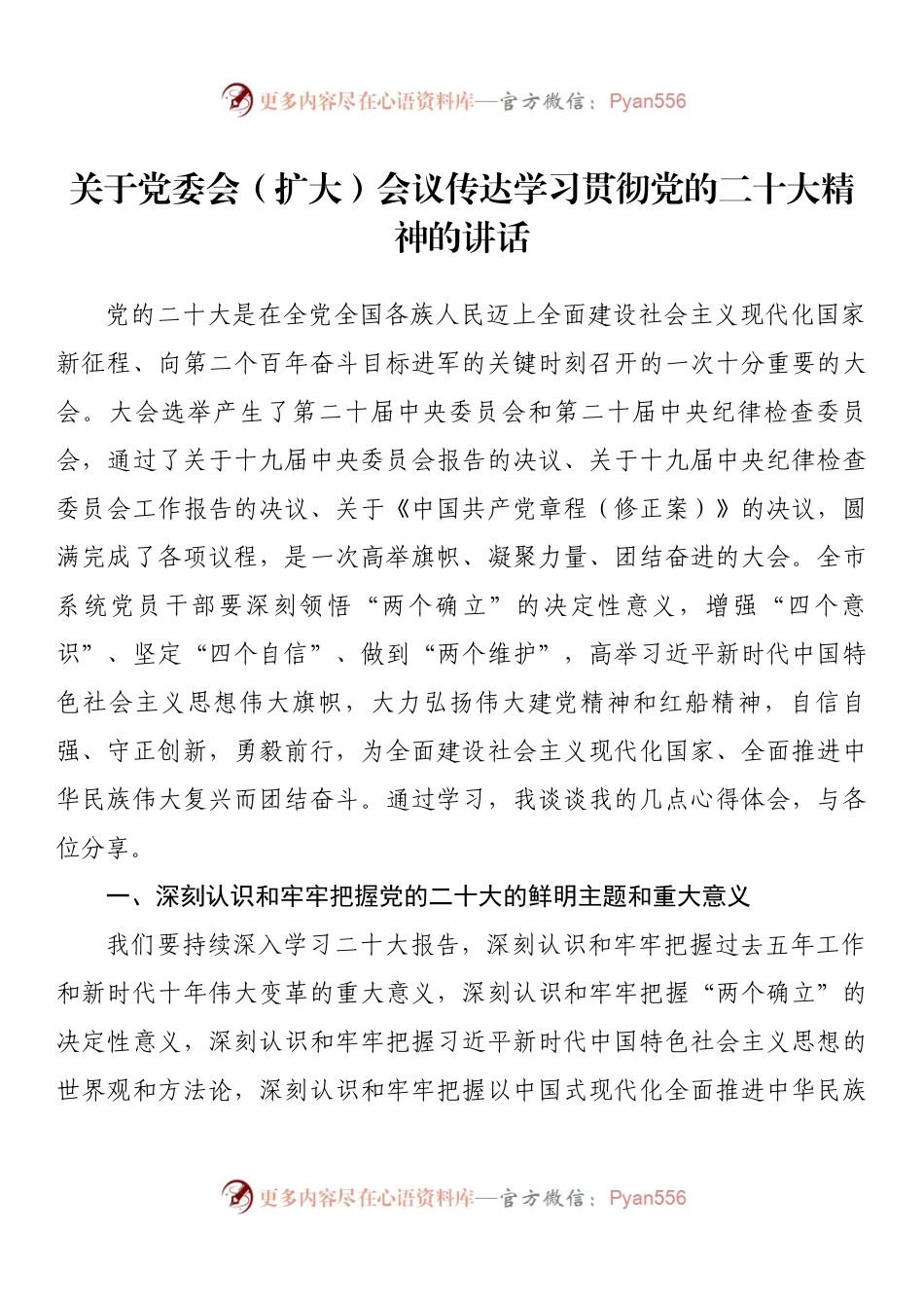 关于党委会（扩大）会议传达学习贯彻党盛会新精神的讲话.docx_第1页