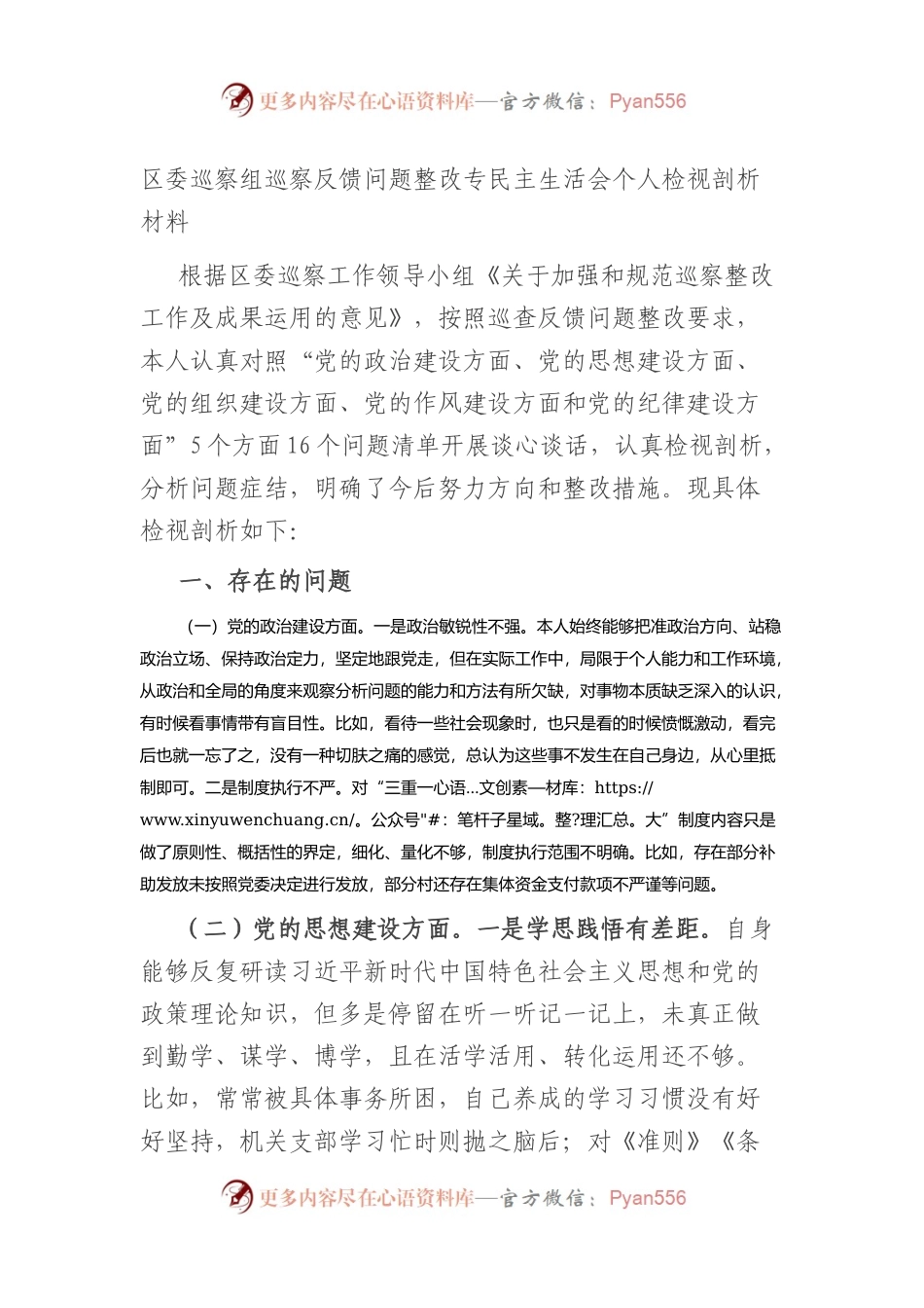 区委巡察组巡察反馈问题整改专民主生活会个人检视剖析材料.docx_第1页
