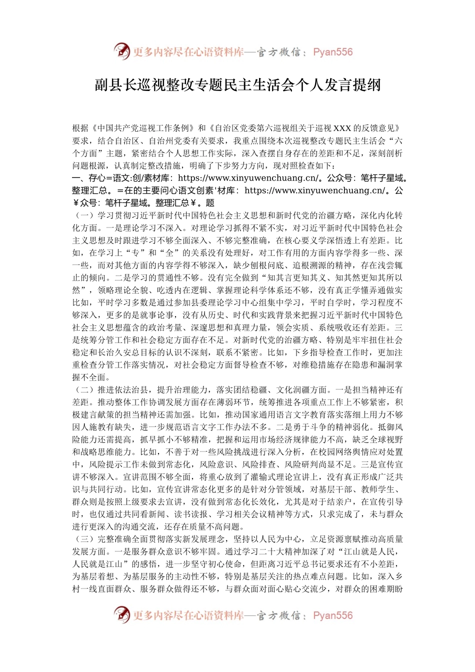 副县长巡视整改专题民主生活会个人发言提纲.docx_第1页