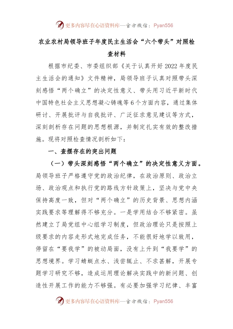 农业农村局领导班子年度民主生活会“六个带头”对照检查材料.docx_第1页