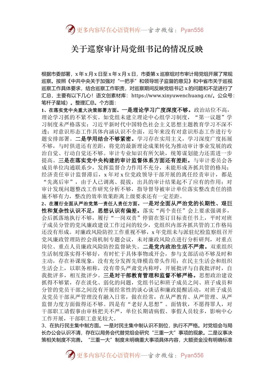 关于巡察审计局党组书记的情况反映.docx_第1页
