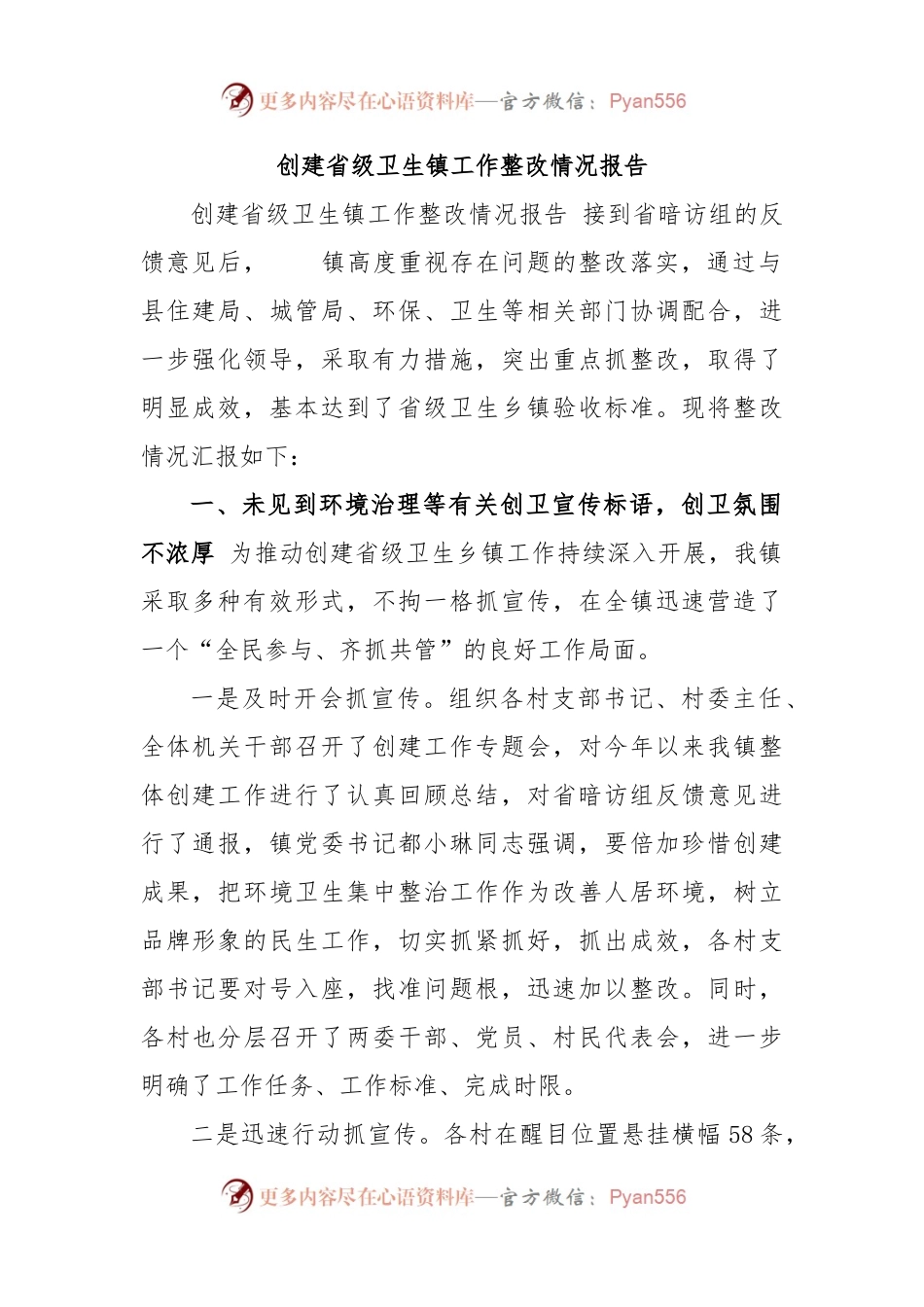 创建省级卫生镇工作整改情况报告.docx_第1页
