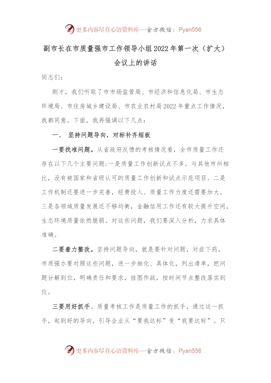 副市长在市质量强市工作领导小组2022年第一次（扩大）会议上的讲话.docx_第1页
