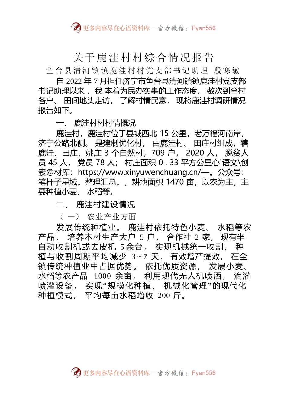 关于鹿洼村村情的调研报告.docx_第1页