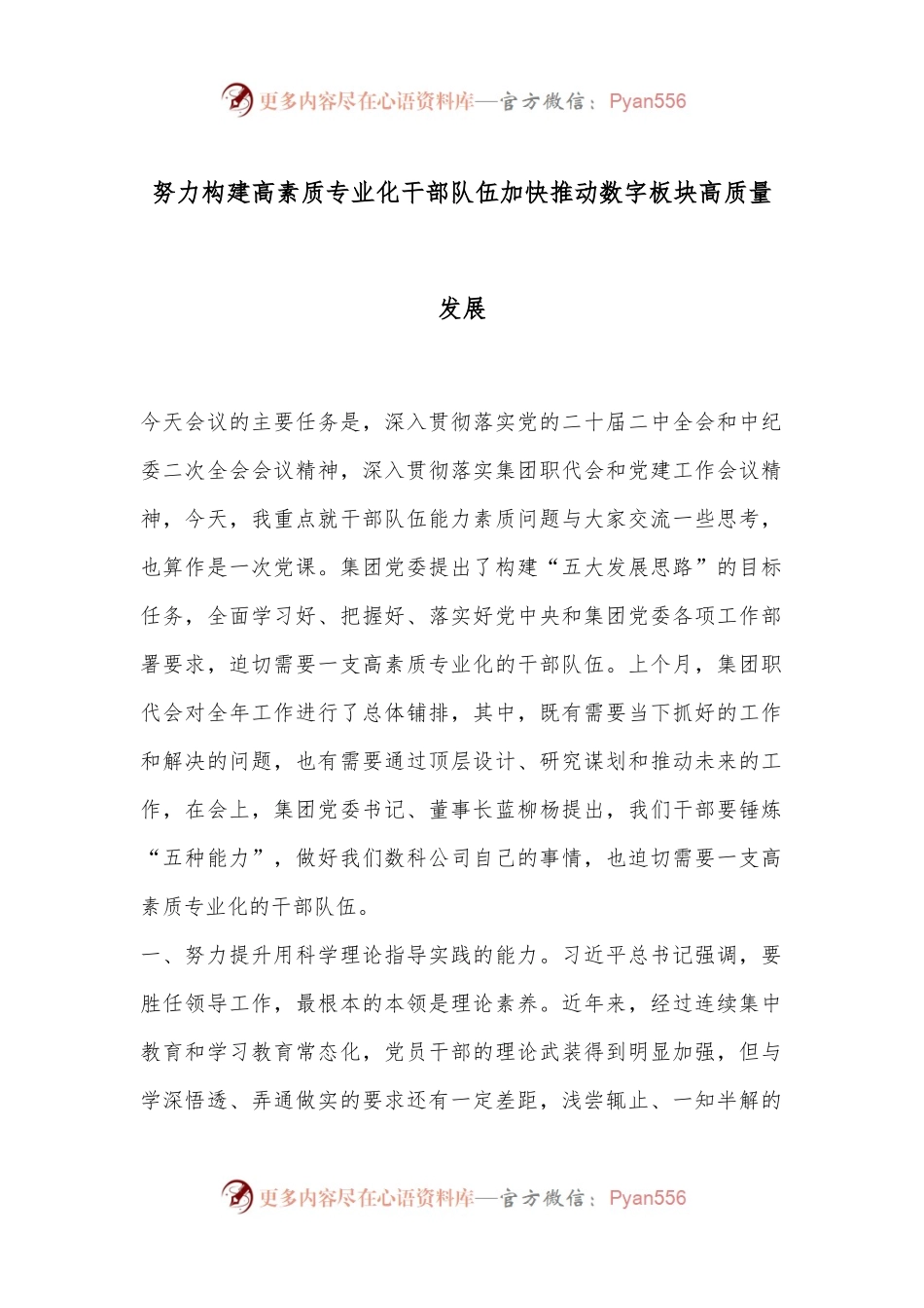 努力构建高素质专业化干部队伍加快推动数字板块高质量发展.docx_第1页