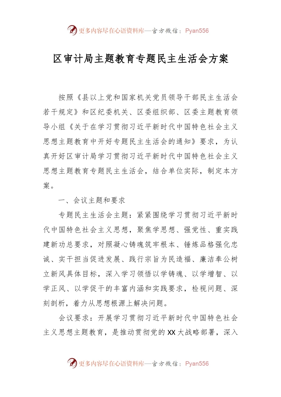 区审计局主题教育专题民主生活会方案.docx_第1页