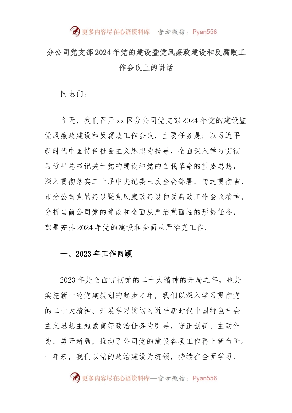 分公司党支部2024年党的建设暨党风廉政建设和反腐败工作会议上的讲话.docx_第1页
