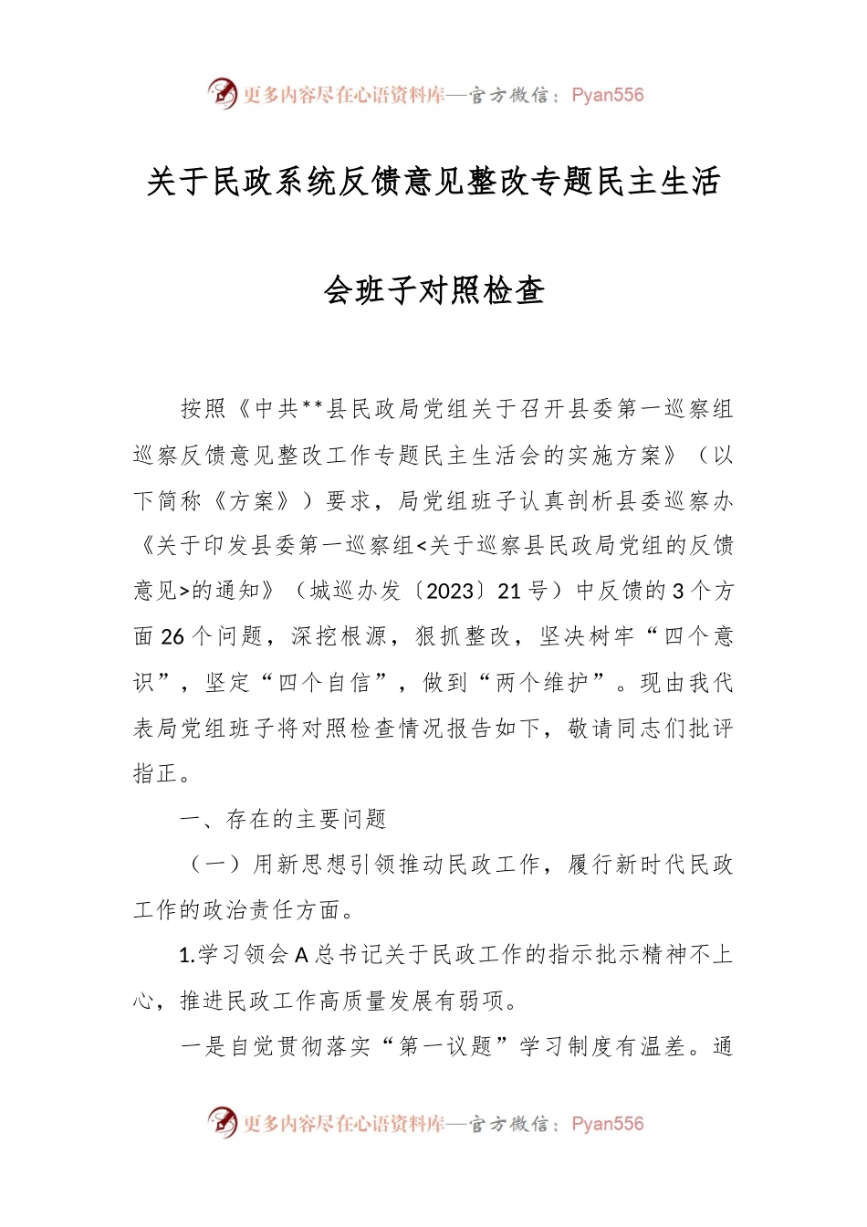 关于民政系统反馈意见整改专题民主生活会班子对照检查.docx_第1页