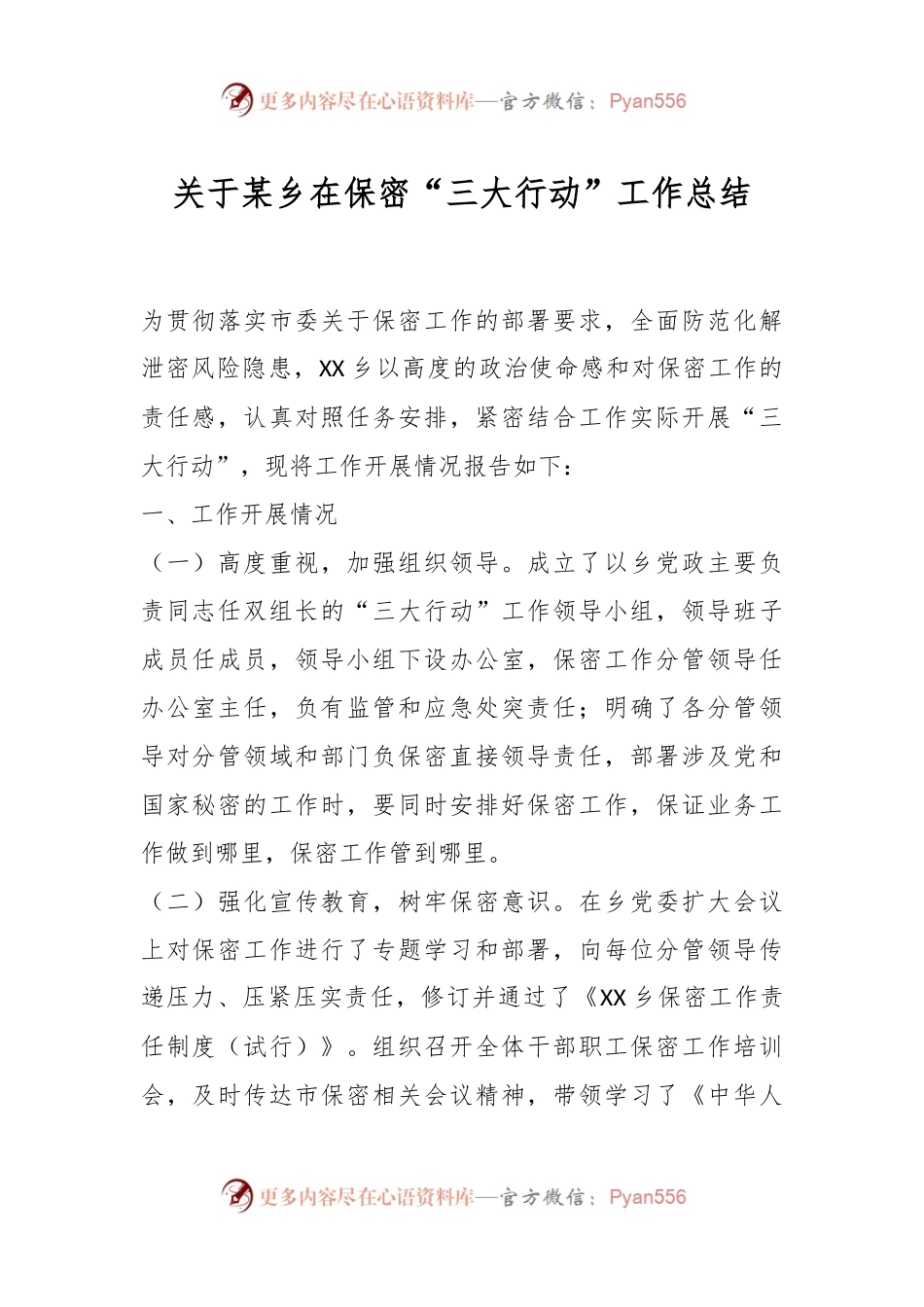 关于某乡在保密“三大行动”工作总结.docx_第1页
