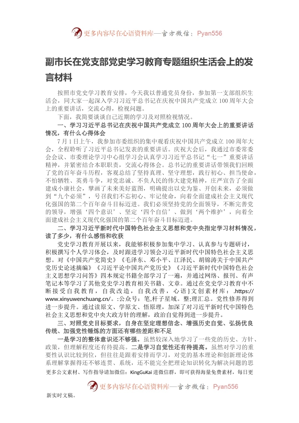 副市长在党支部党史学习教育专题组织生活会上的发言材料.docx_第1页