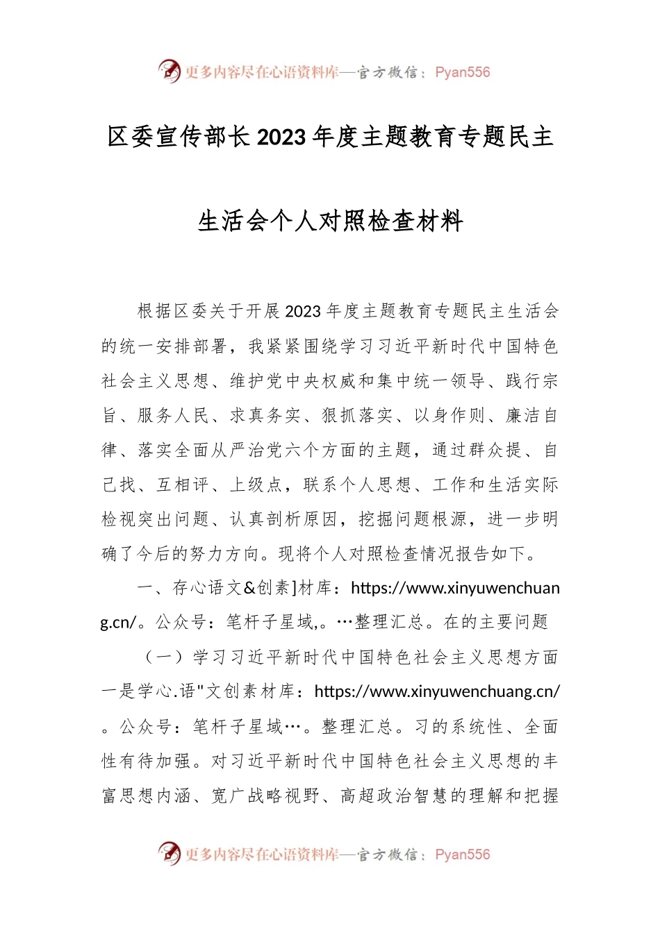 区委宣传部长2023年度主题教育专题民主生活会个人对照检查材料.docx_第1页