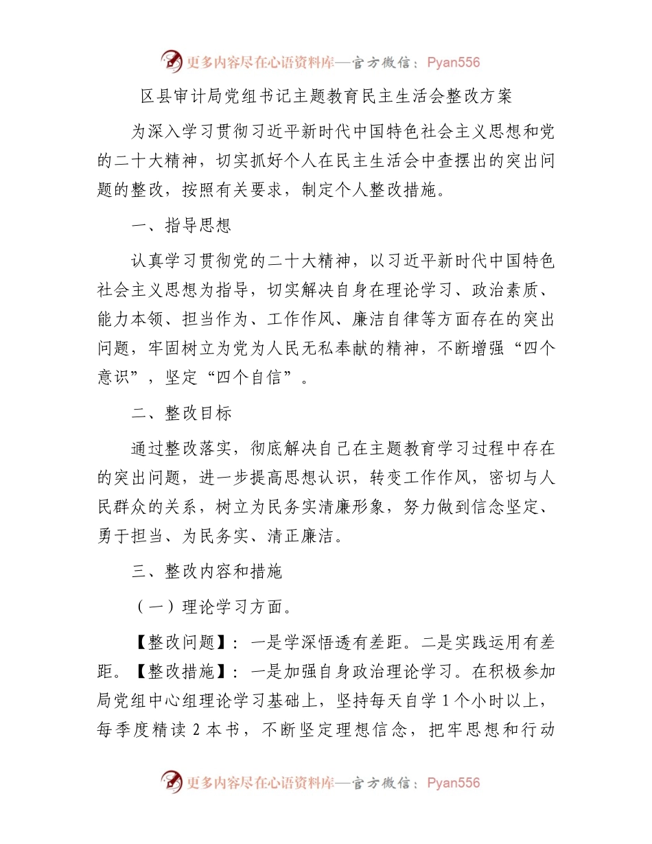 区县审计局党组书记主题教育民主生活会整改方案(1).docx_第1页