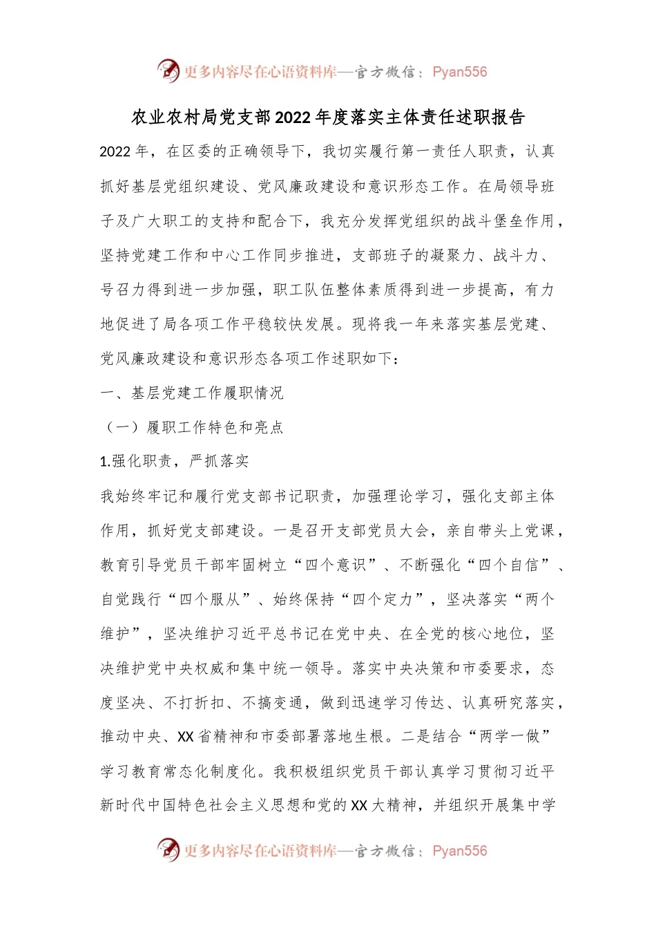 农业农村局党支部2022年度落实主体责任述职报告.docx_第1页