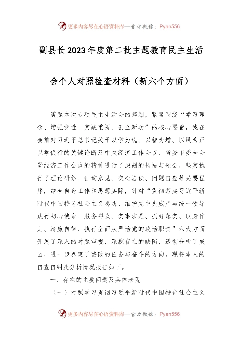 副县长2023年度第二批主题教育民主生活会个人对照检查材料（新六个方面）.docx_第1页