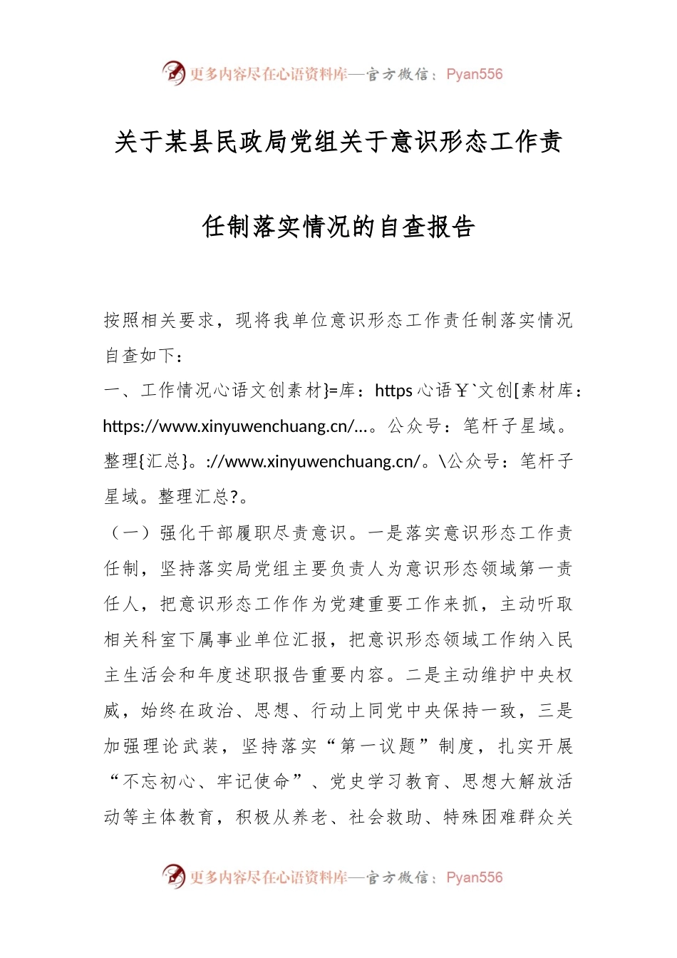 关于某县民政局党组关于意识形态工作责任制落实情况的自查报告.docx_第1页
