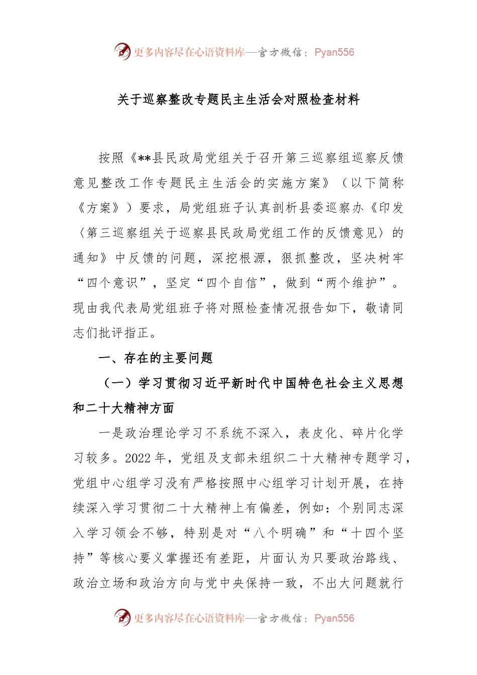 关于巡察整改专题民主生活会对照检查材料.docx_第1页