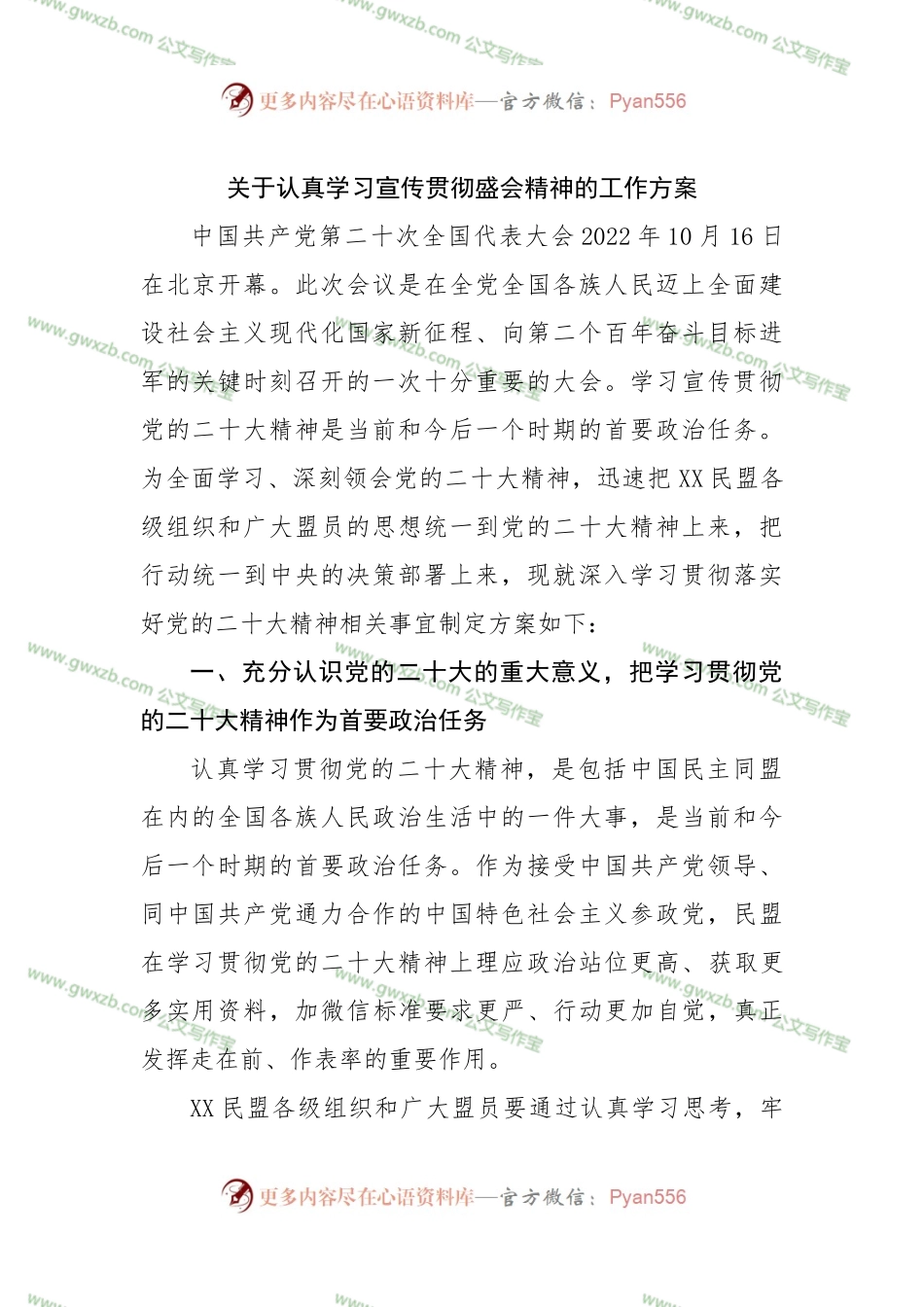 关于认真学习宣传盛会精神的工作方案.docx_第1页