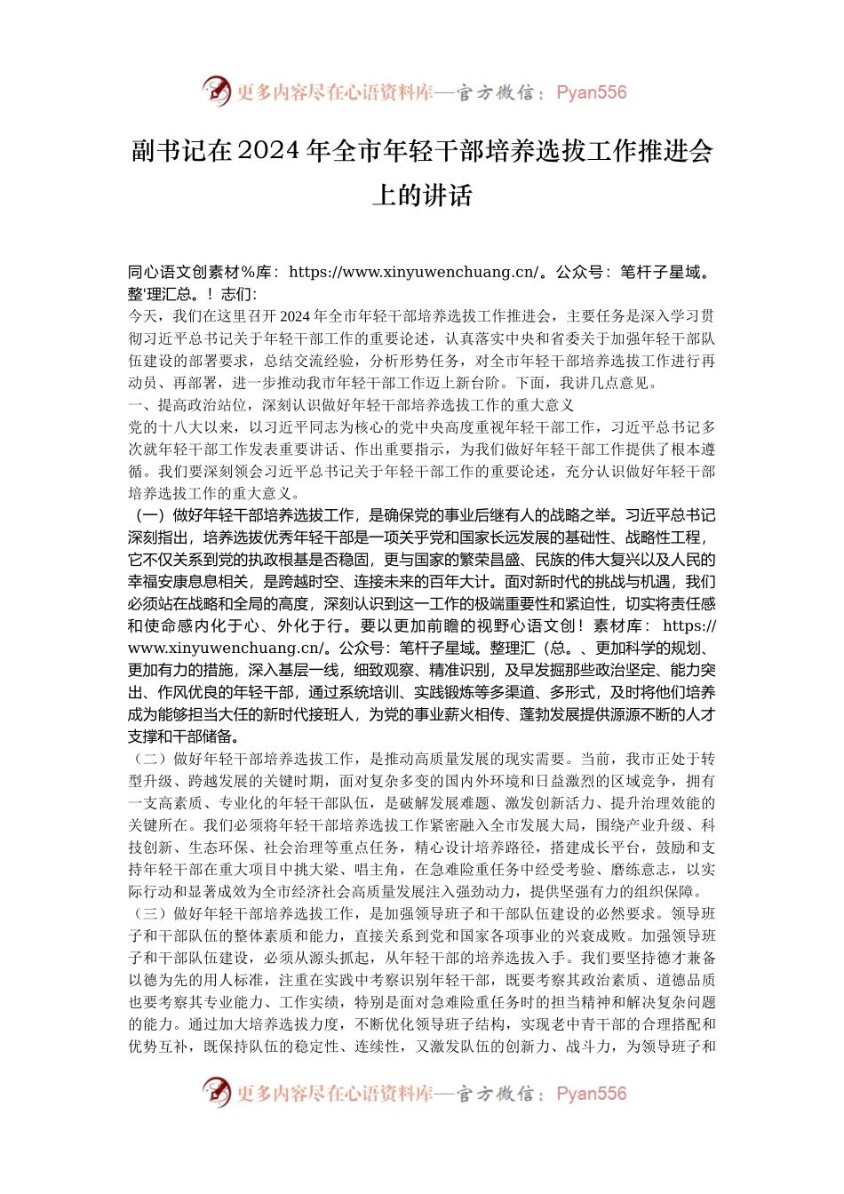 副书记在2024年全市年轻干部培养选拔工作推进会上的讲话.docx_第1页