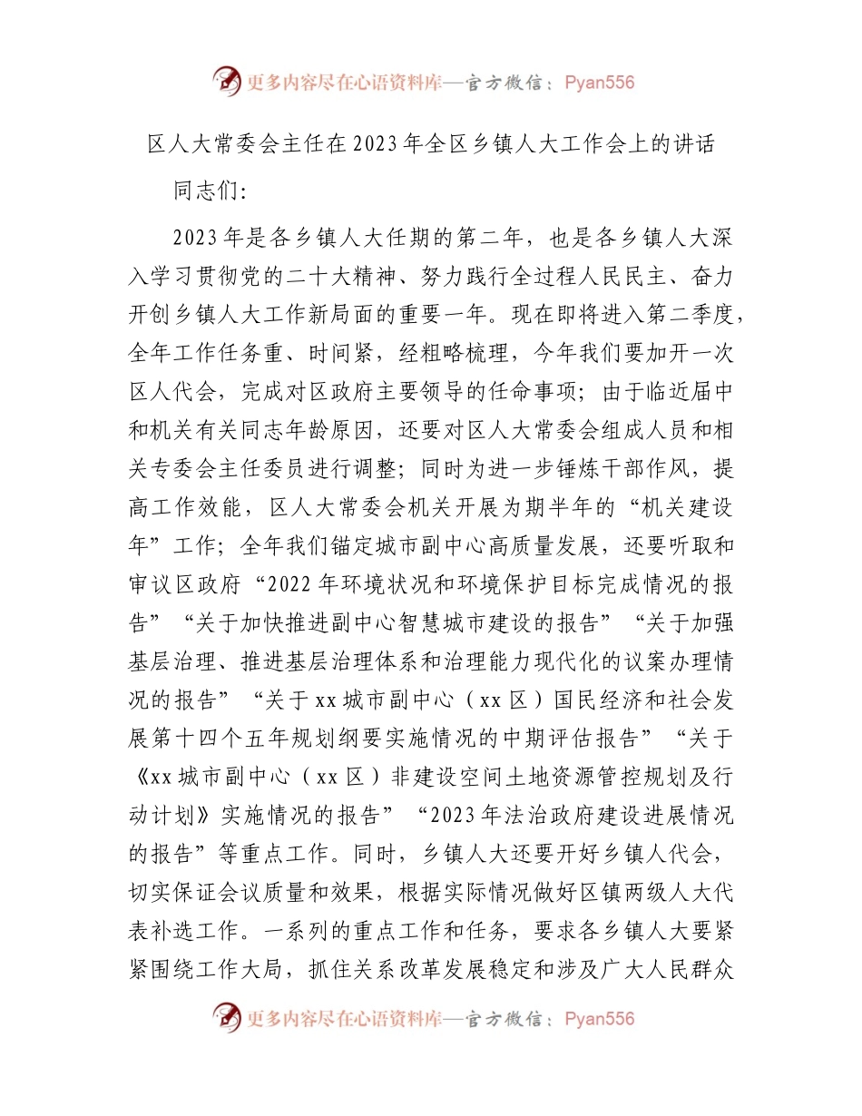 区人大主任在2023年全区乡镇人大工作会上的讲话.docx_第1页