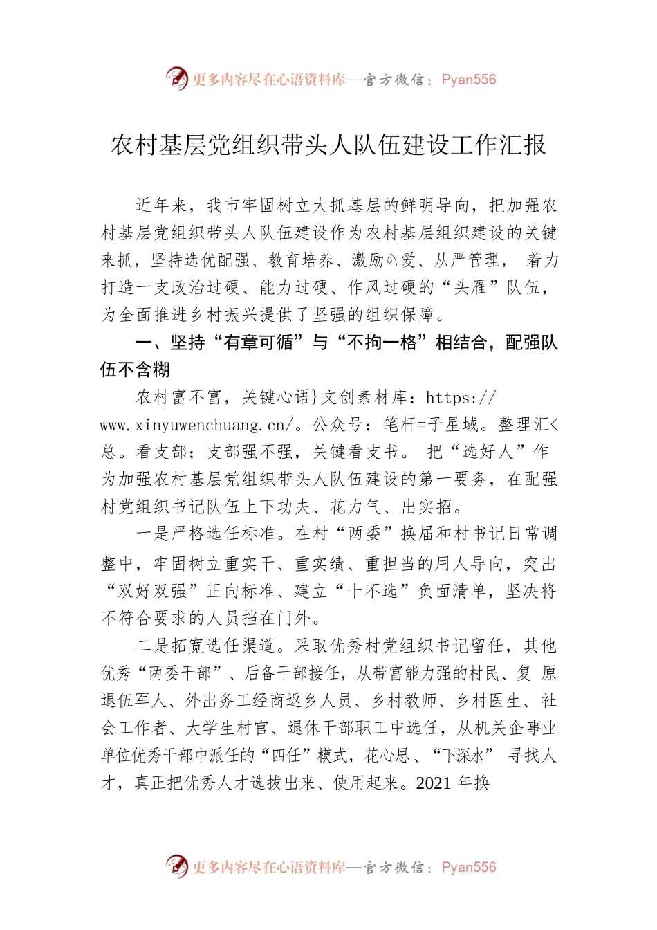 农村基层党组织带头人队伍建设工作汇报.docx_第1页