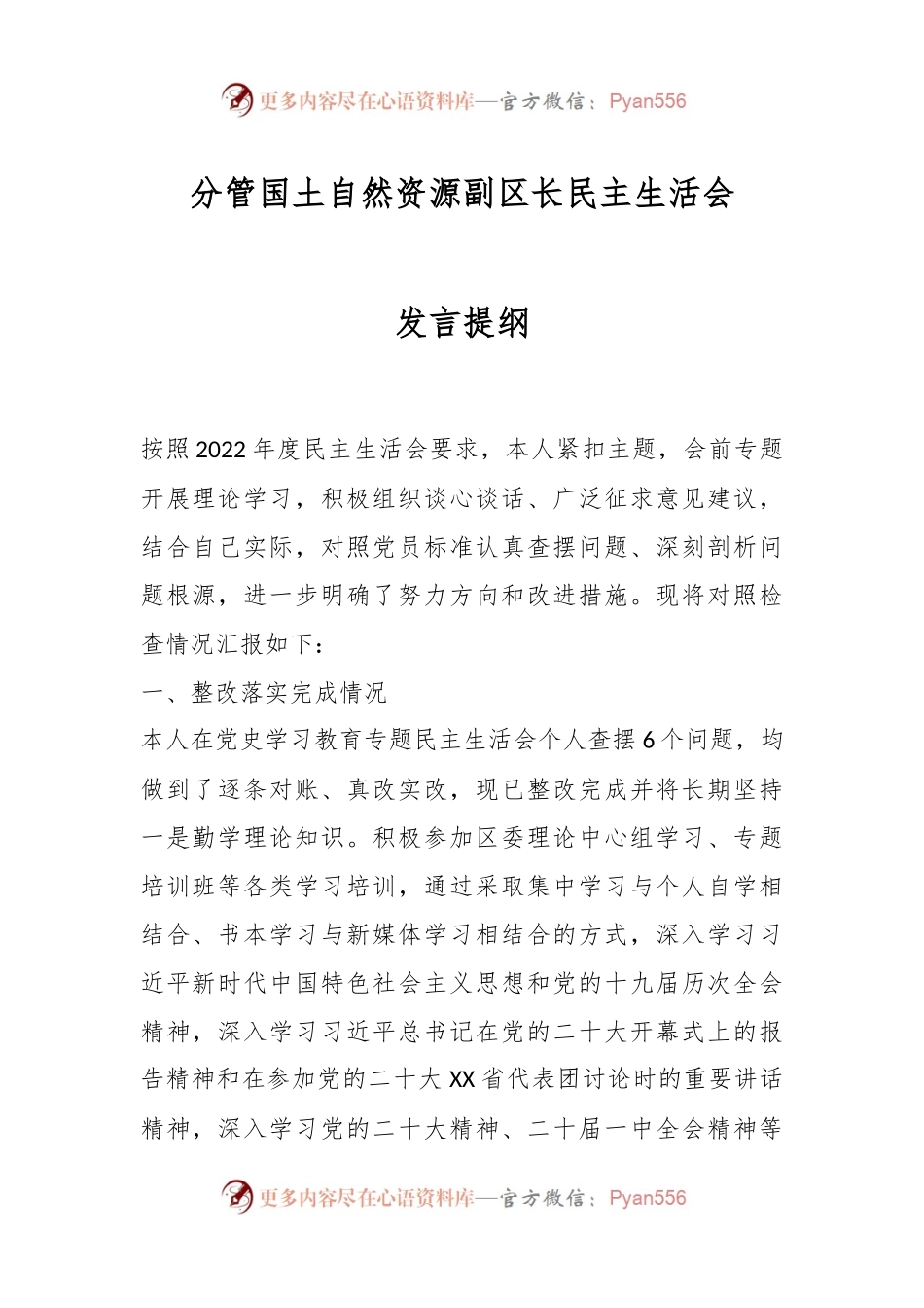 分管国土自然资源副区长民主生活会发言提纲.docx_第1页