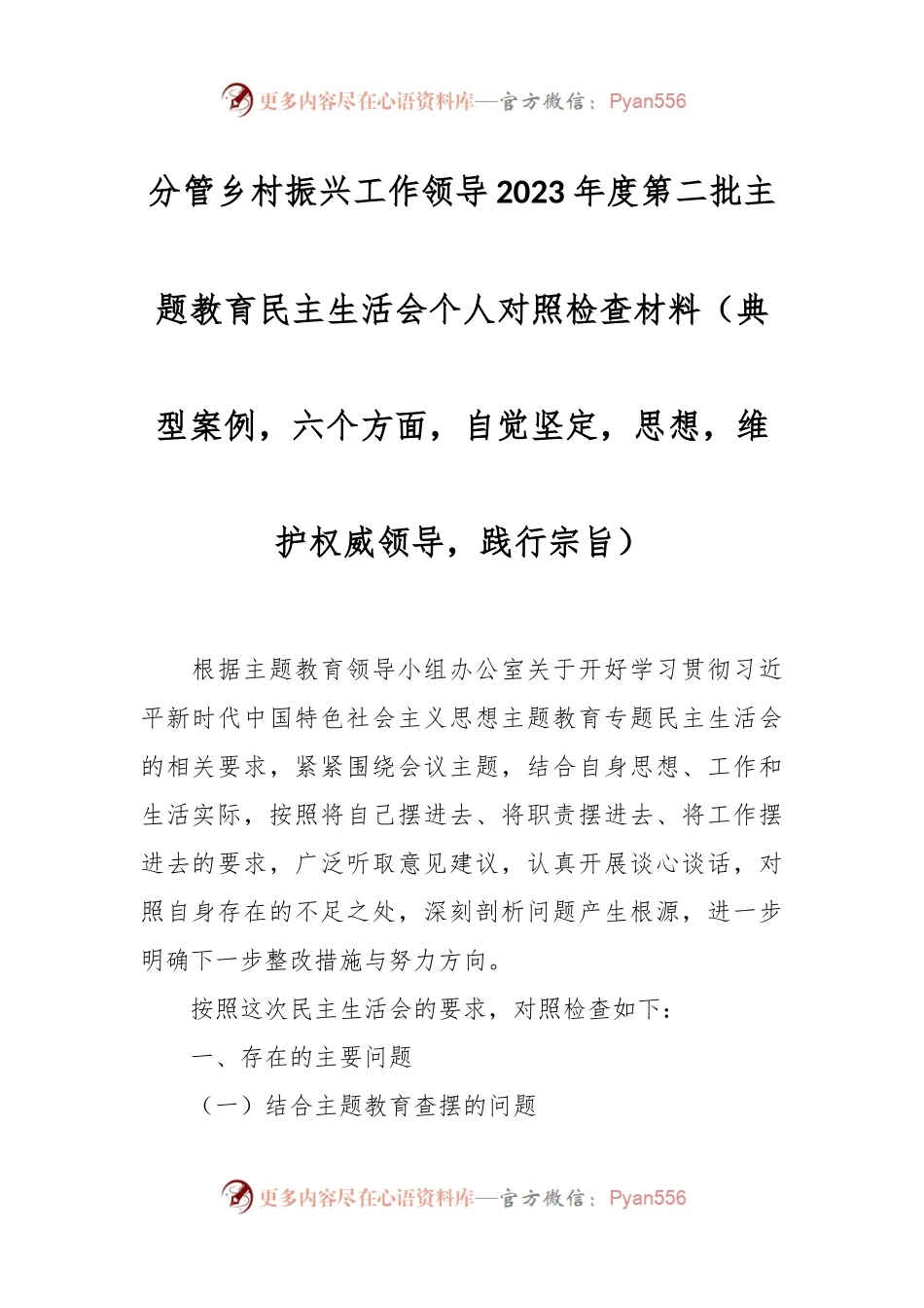 分管乡村振兴工作领导2023年度第二批主题教育民主生活会个人对照检查材料（典型案例，六个方面，自觉坚定，思想，维护权威领导，践行宗旨）.docx_第1页