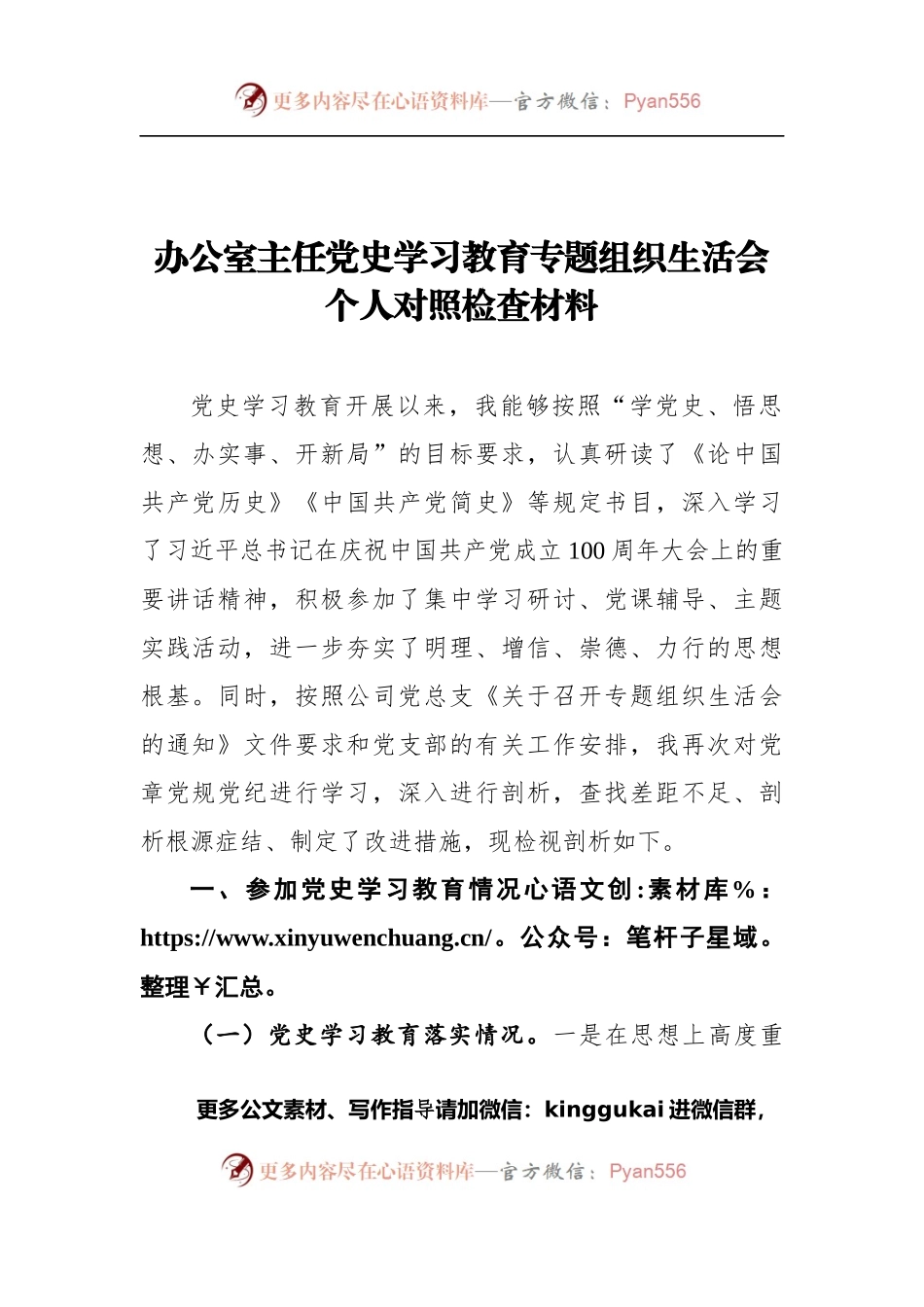 办公室主任党史学习教育专题组织生活会个人对照检查材料.docx_第1页