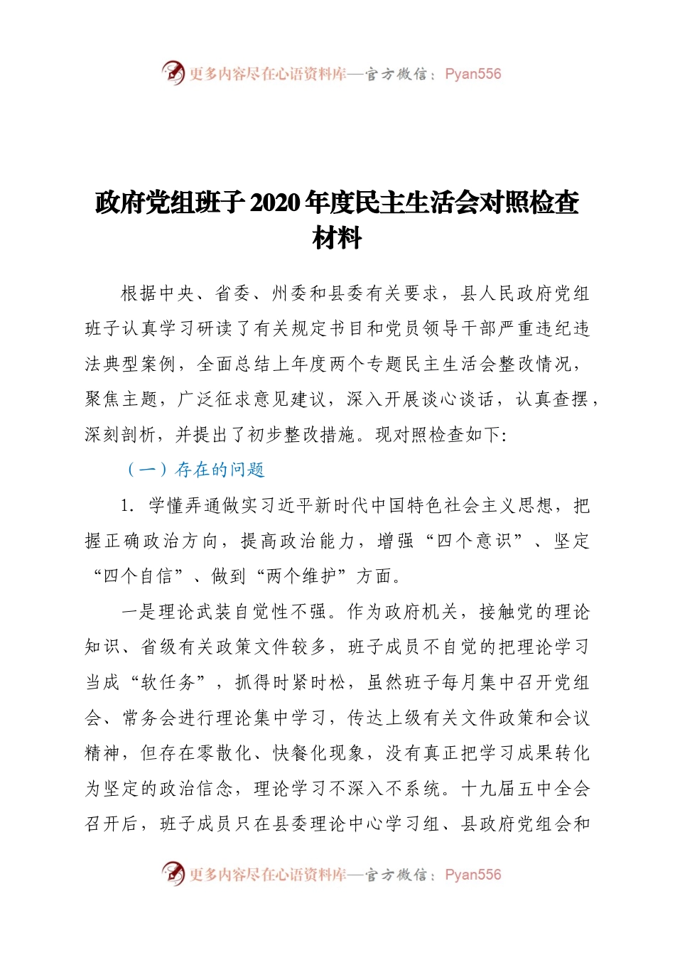创计划】政府党组班子2020年度民主生活会对照检查材料.docx_第1页
