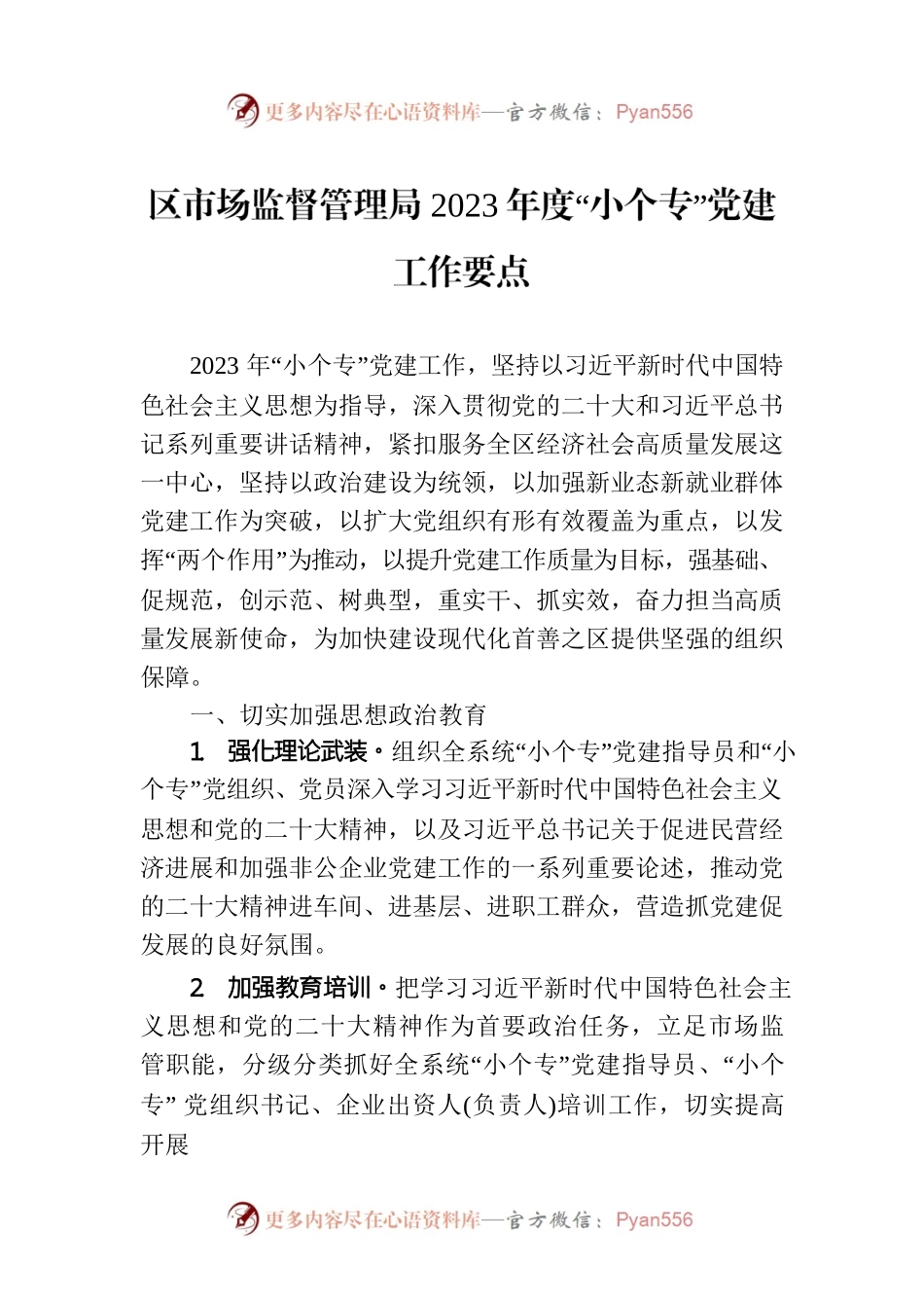 区市场监督管理局2023年度“小个专”党建工作要点.docx_第1页