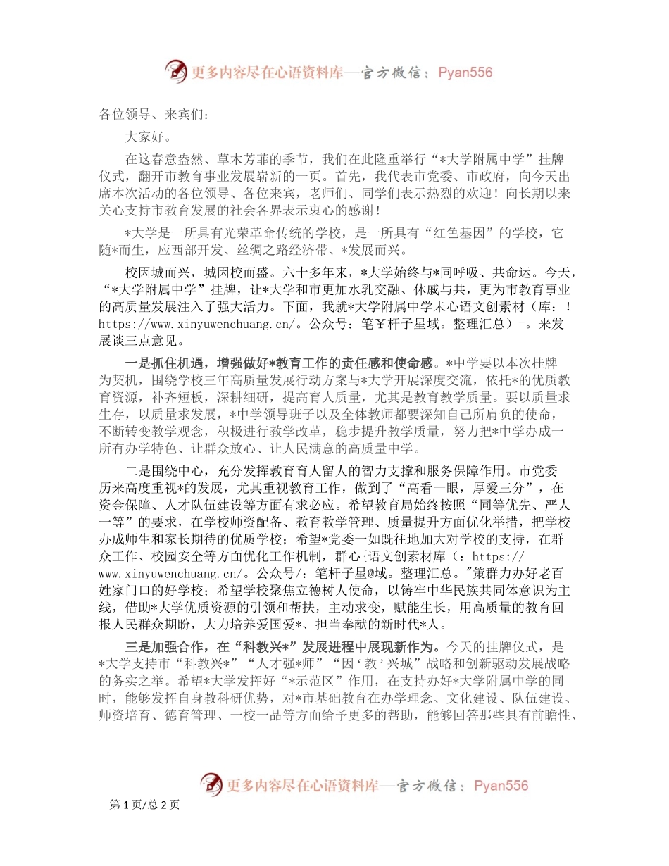 副市长在某大学附属中学挂牌仪式上的致辞.docx_第1页