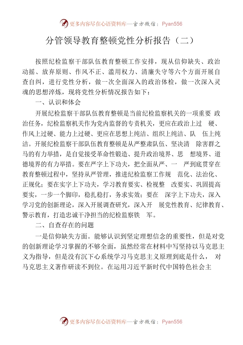 分管领导教育整顿党性分析报告（二）.docx_第1页