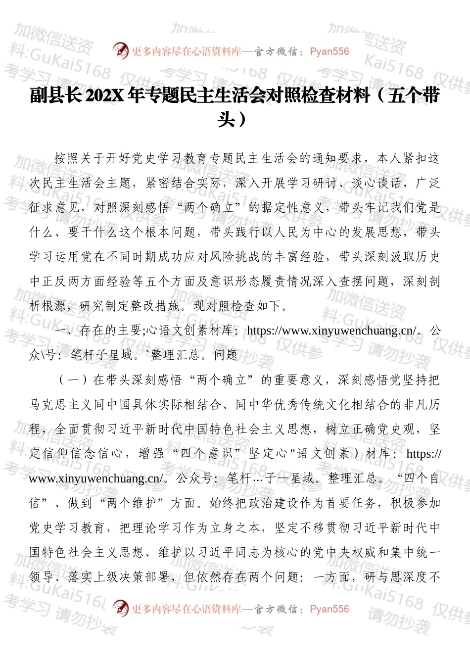 副县长202X年专题民主生活会对照检查材料（五个带头）.docx_第1页